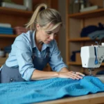 Femme cousant une couverture de piscine à bulles dans un atelier
