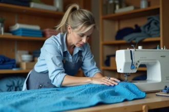Femme cousant une couverture de piscine à bulles dans un atelier