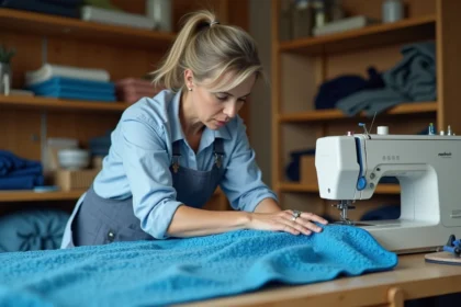 Femme cousant une couverture de piscine à bulles dans un atelier
