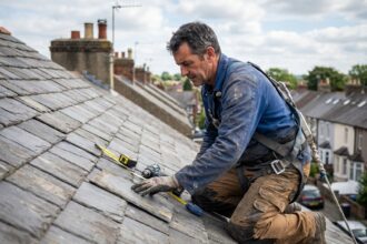 Homme couvreur inspectant des tuiles en ardoise sur un toit
