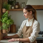 Femme entretenant un jardin d'herbes aromatiques vertical dans une cuisine écologique avec mur en bois recyclé et comptoir en pierre naturelle