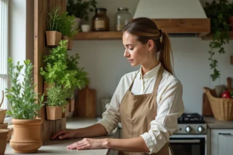 Femme entretenant un jardin d'herbes aromatiques vertical dans une cuisine écologique avec mur en bois recyclé et comptoir en pierre naturelle