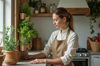 Femme entretenant un jardin d'herbes aromatiques vertical dans une cuisine écologique avec mur en bois recyclé et comptoir en pierre naturelle