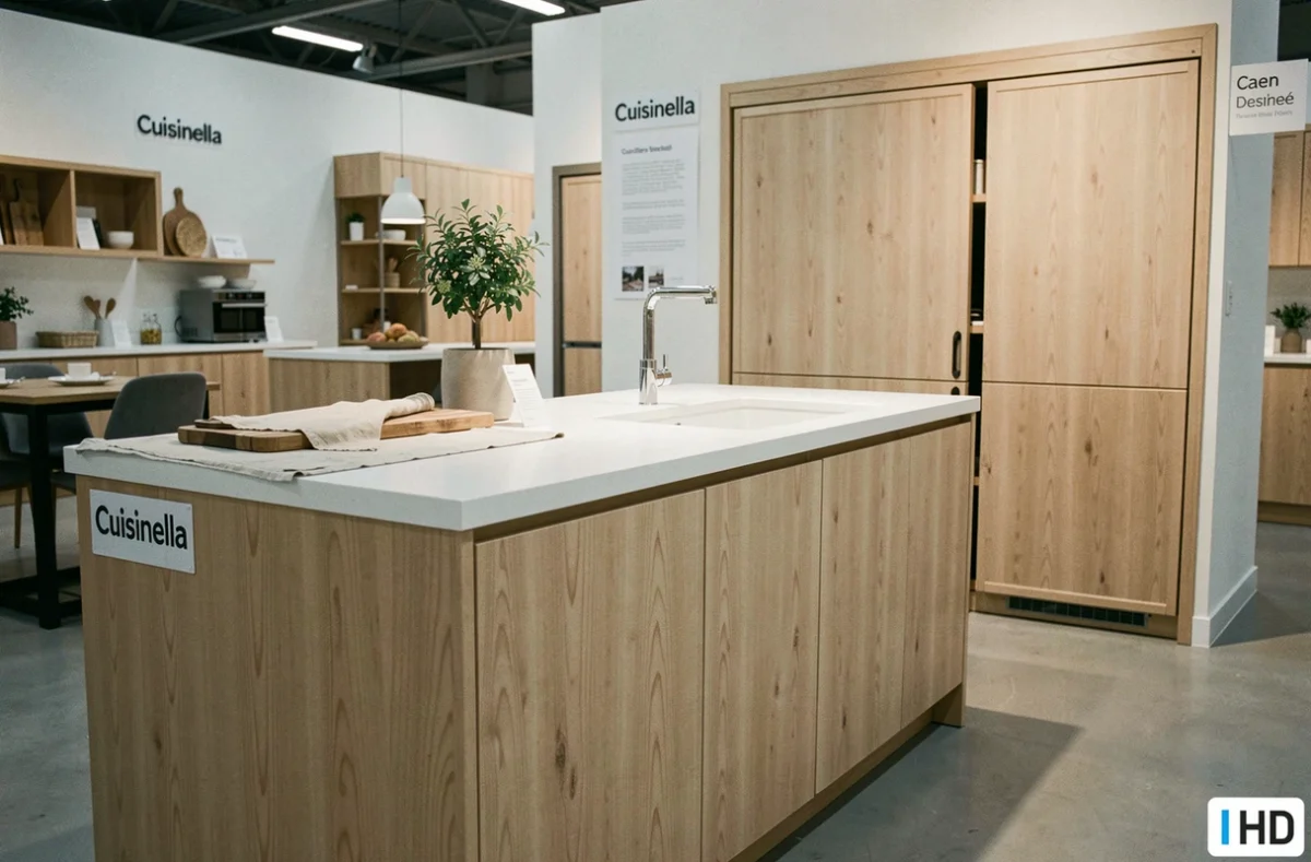 Cuisine Cuisinella style scandinave en bouleau naturel avec plan de travail blanc exposée à Caen