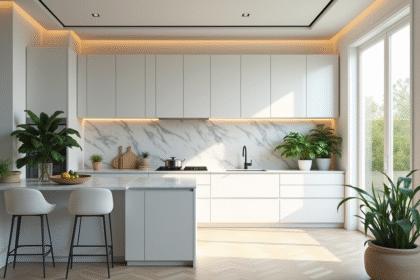 Cuisine moderne avec meubles blancs et îlot en marbre