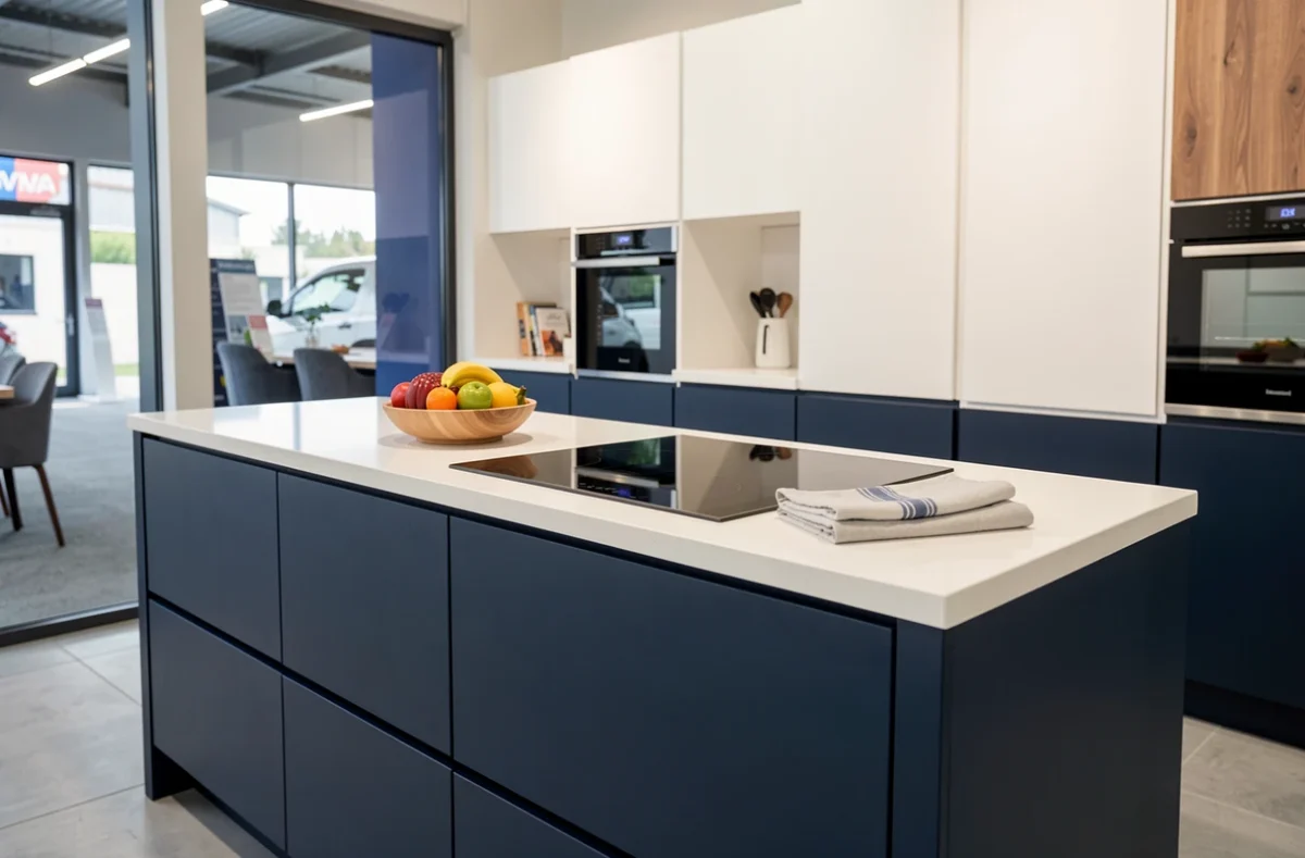 Cuisine AvivA bicolore bleu marine et blanc exposée dans le showroom de Caen-Mondeville