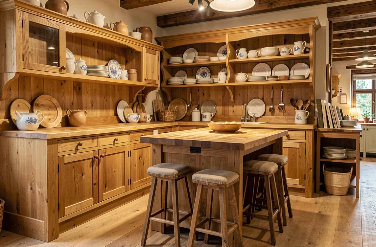 Cuisine artisanale en chêne exposée chez Cuisines Caennaises à Caen avec plan de travail en bois massif