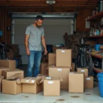 Homme qui trie des cartons et objets divers lors du débarras d'un garage encombré