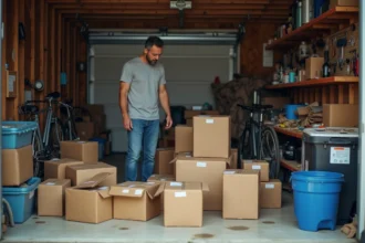 Homme qui trie des cartons et objets divers lors du débarras d'un garage encombré