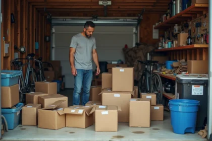 Homme qui trie des cartons et objets divers lors du débarras d'un garage encombré