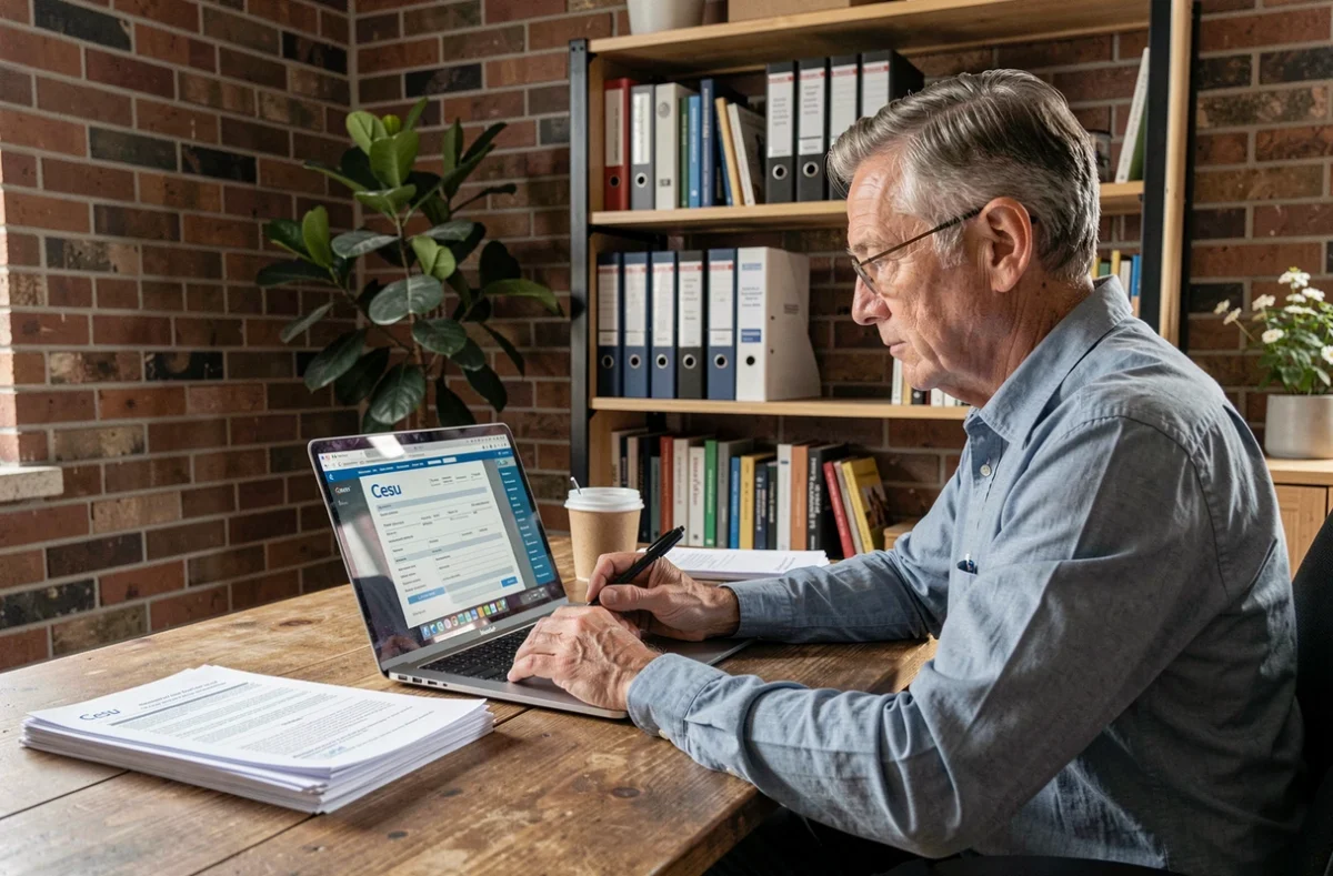 Particulier employeur remplissant une déclaration Cesu sur ordinateur portable dans un bureau à domicile