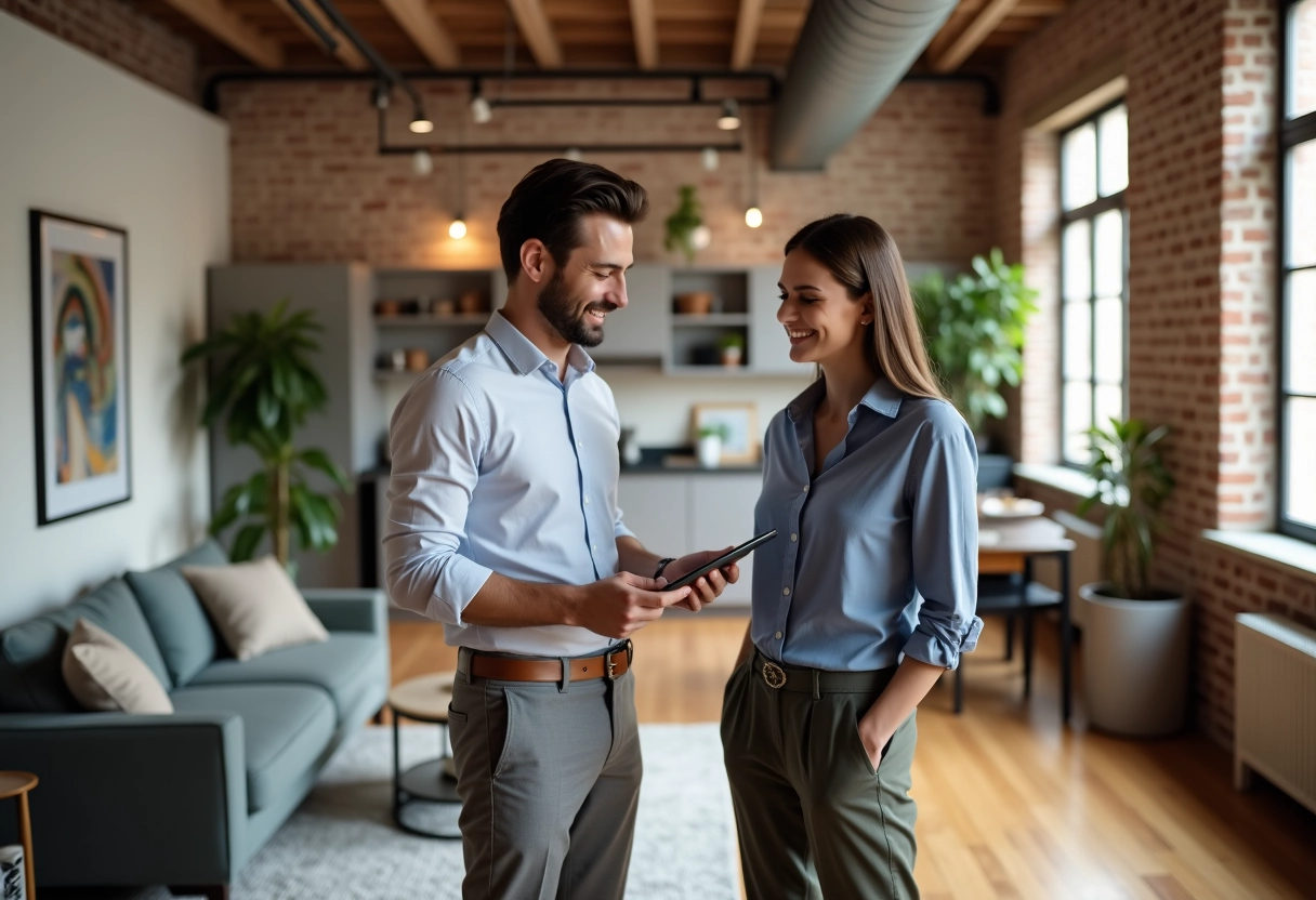 Decorateur montrant moodboards dans un loft moderne