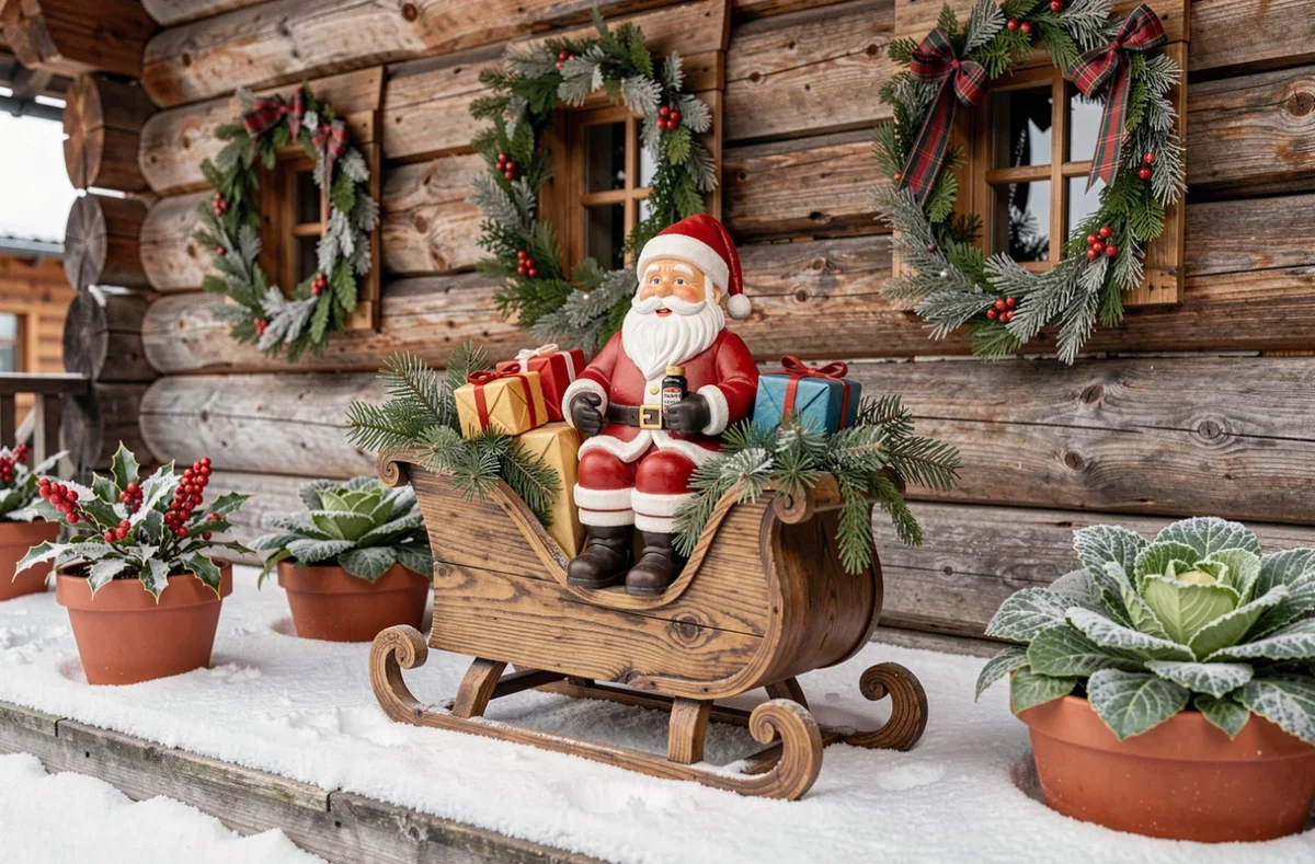 Père Noël décoratif assis dans un traineau en bois sur une terrasse enneigée de chalet avec houx et guirlandes de sapin