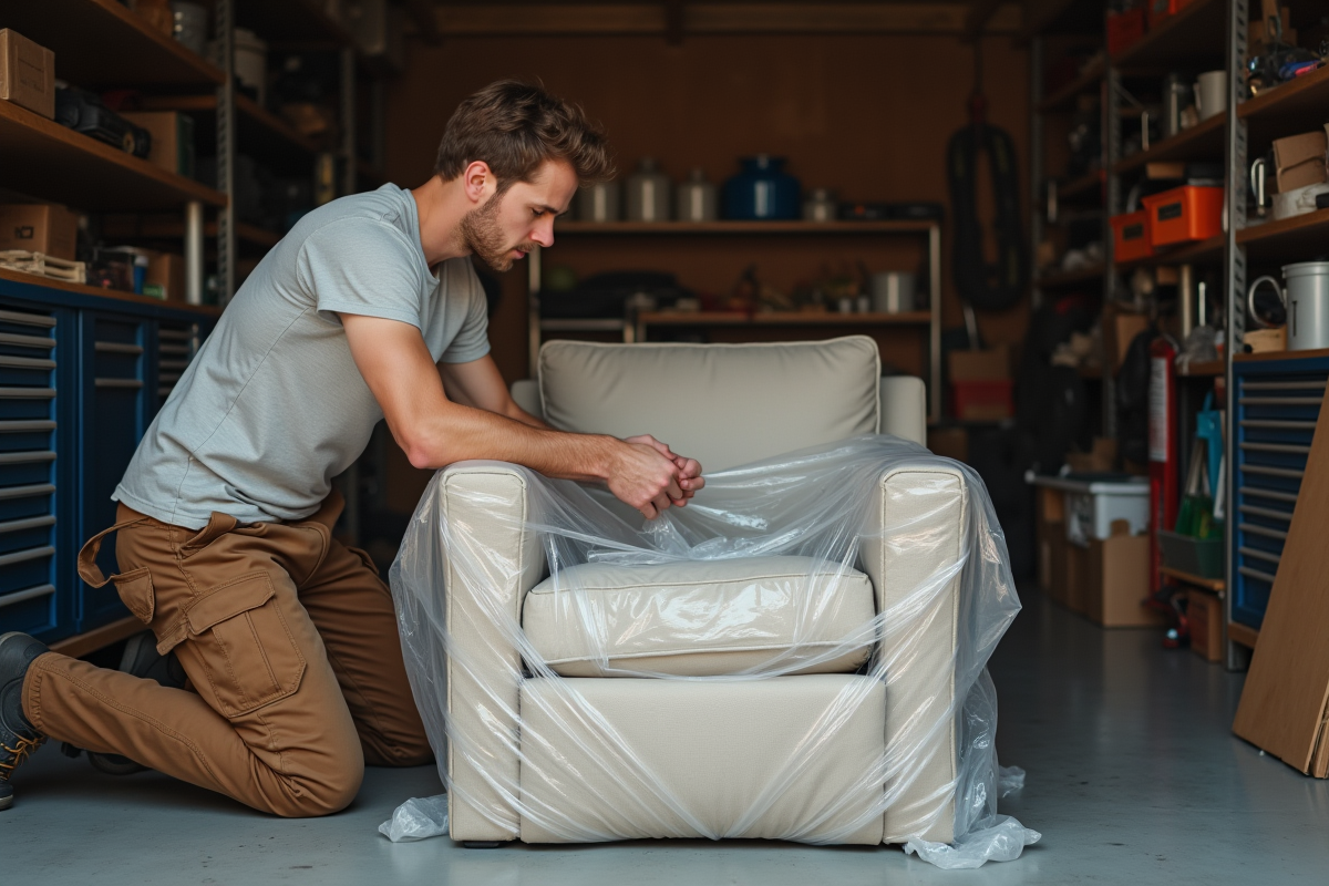 Jeune homme sécurisant un fauteuil dans un garage