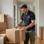 Déménageur professionnel agréé emballant des cartons dans un appartement lors d'un déménagement organisé