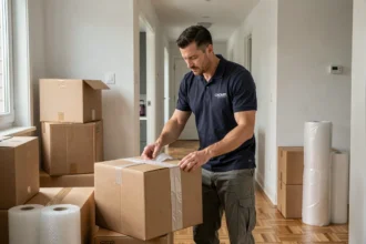 Déménageur professionnel agréé emballant des cartons dans un appartement lors d'un déménagement organisé