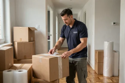 Déménageur professionnel agréé emballant des cartons dans un appartement lors d'un déménagement organisé