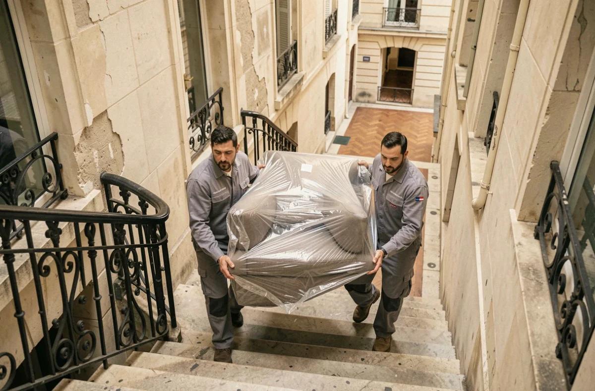 Deux déménageurs professionnels portant un canapé emballé dans l'escalier d'un immeuble parisien haussmannien