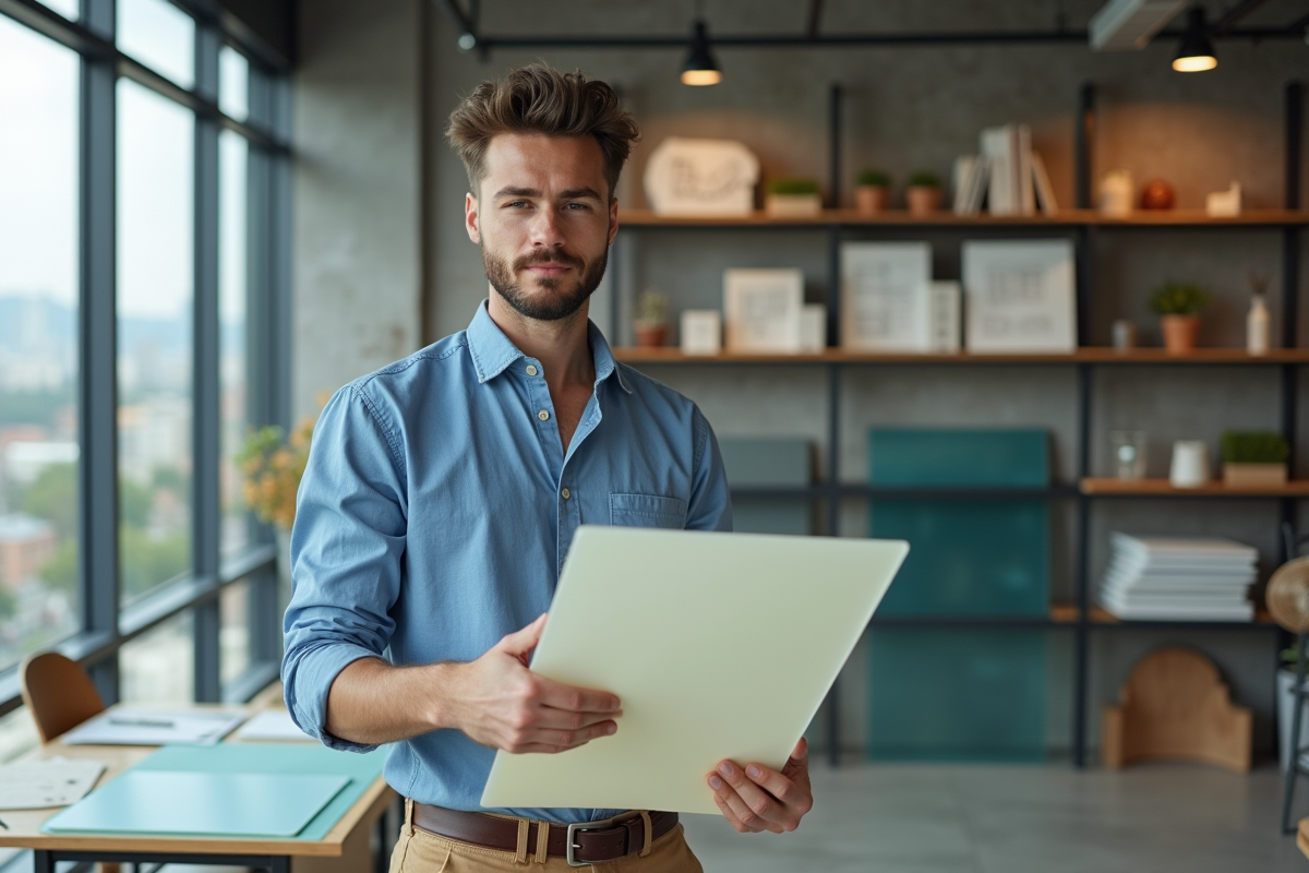 Jeune designer avec matériau recyclé dans un studio moderne