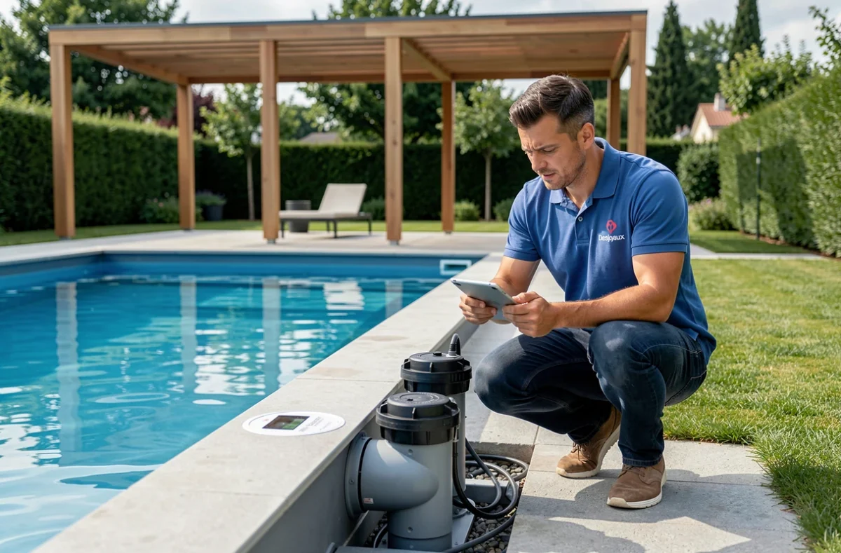 Technicien Desjoyaux Toulouse inspectant le système de filtration intégré d'une piscine dans un jardin moderne