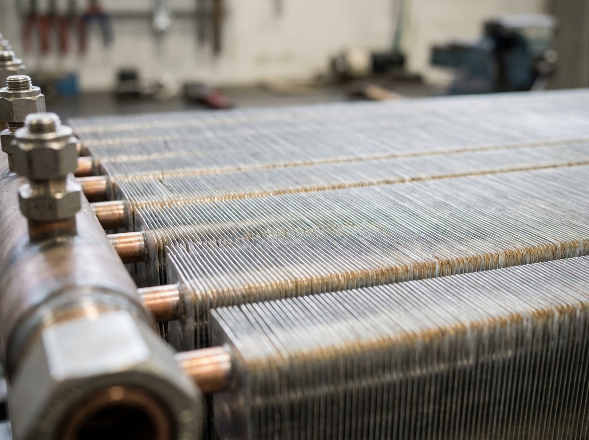 Gros plan sur les ailettes et tubes en cuivre d'un échangeur thermique de refroidisseur à sec pour eau de process