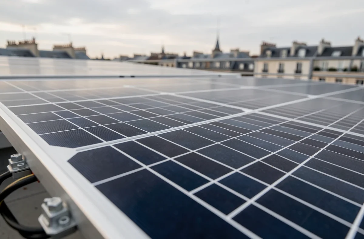 Gros plan sur les cellules photovoltaïques d'un panneau solaire monocristallin haute puissance 1000W