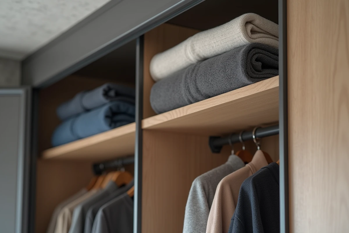 Détail d'un système de dressing modulable fixé sans percer entre mur et plafond dans un appartement locatif