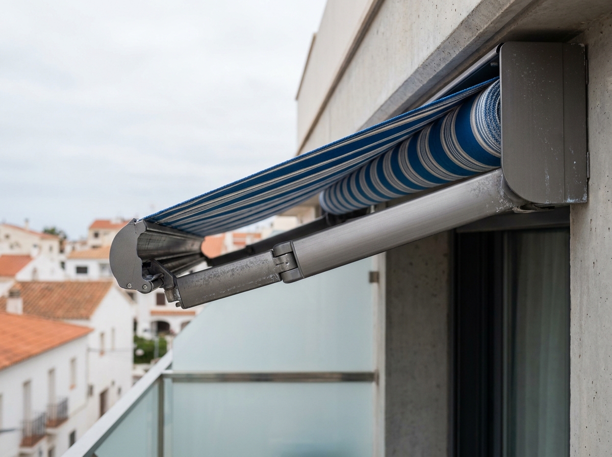 Détail du mécanisme articulé d'un store banne rayé bleu et blanc fixé sur une façade contemporaine en milieu urbain