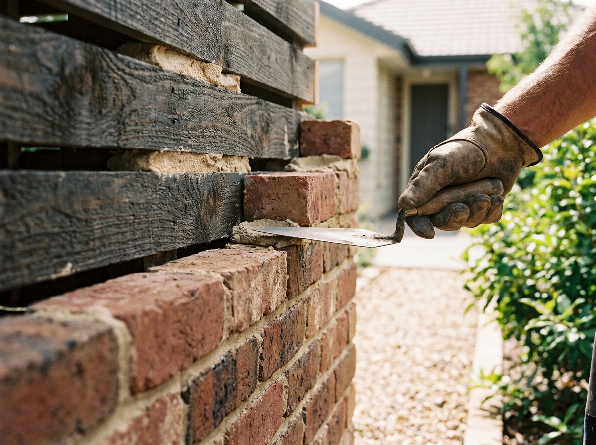 Gros plan sur un mur en cours de construction associant briques en argile et liteaux en bois, technique prisée dans la construction écologique pour particuliers