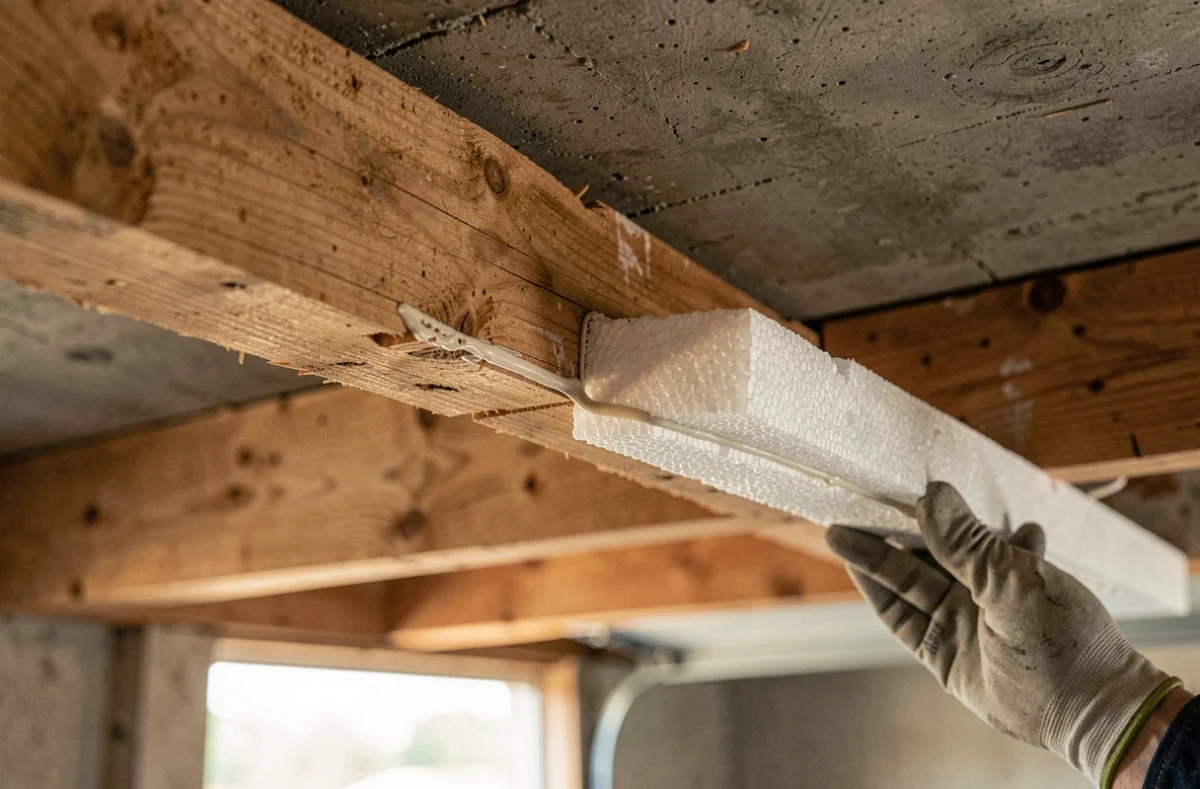 Détail de la pose d'un panneau isolant rigide entre les solives d'un plafond de garage avec colle de construction