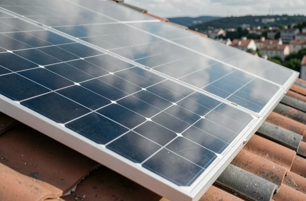 Gros plan sur des panneaux solaires monocristallins installés sur un toit de maison individuelle à Lyon, détail des cellules photovoltaïques