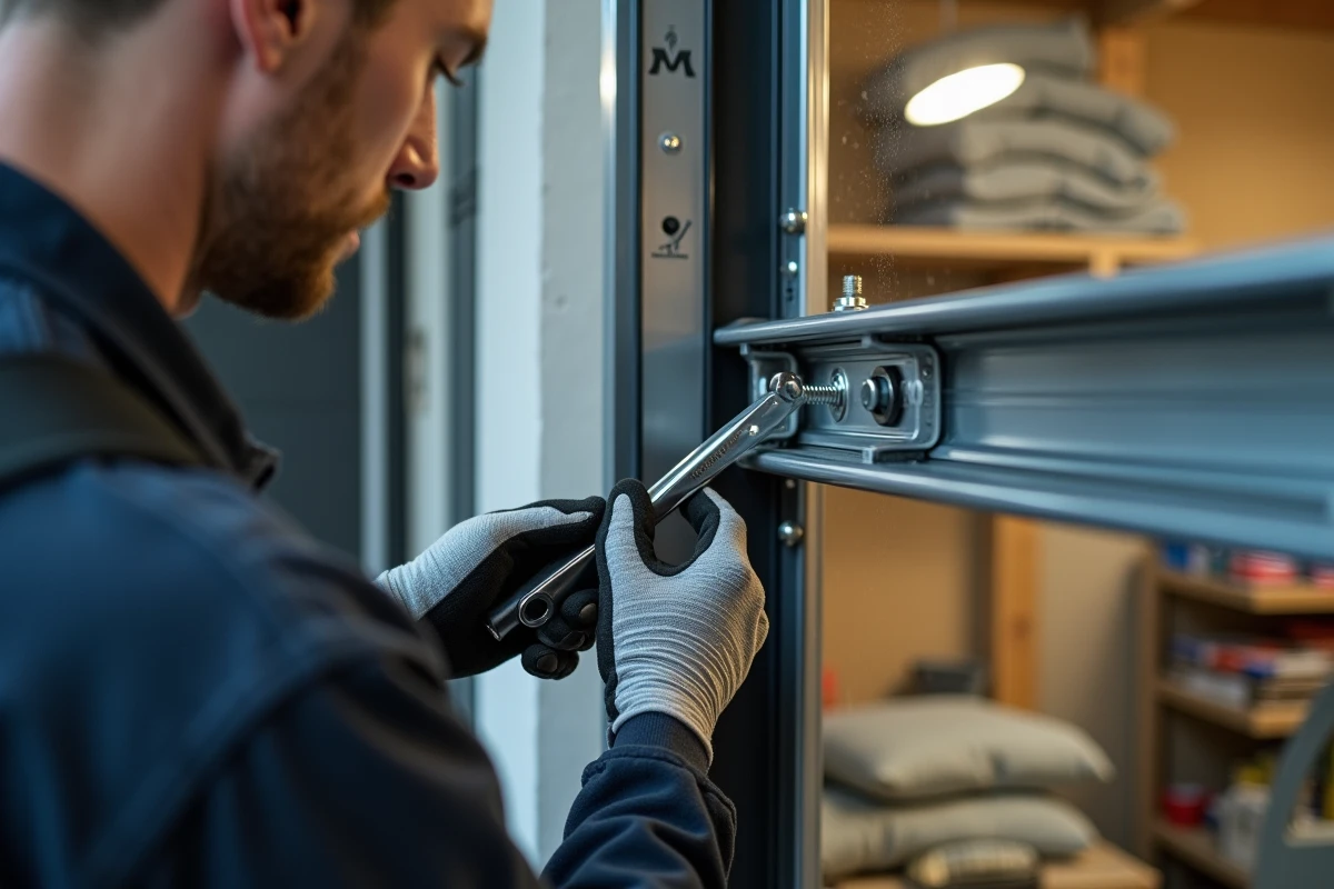 Détail du système de rail de porte de garage sur mesure installé dans un espace étroit, technicien Delpherm en train de régler les fixations en aluminium