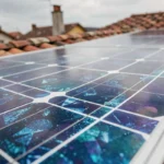 Gros plan sur la surface bleue cristallisée d'un panneau solaire polycristallin installé sur un toit en tuiles