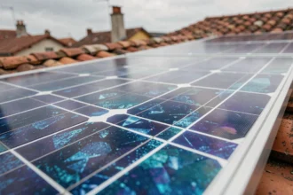 Gros plan sur la surface bleue cristallisée d'un panneau solaire polycristallin installé sur un toit en tuiles