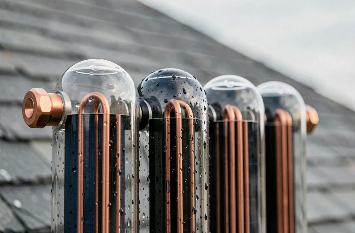 Gros plan sur les tubes sous vide d'un capteur solaire thermique montrant l'absorbeur sélectif et les tubes en verre borosilicate