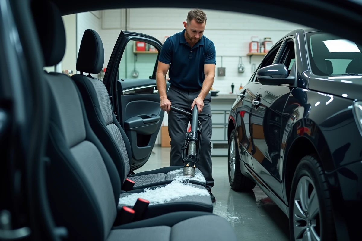 Technicien en atelier de detailing automobile utilisant une machine extracteur professionnelle pour nettoyer un siège de voiture noir
