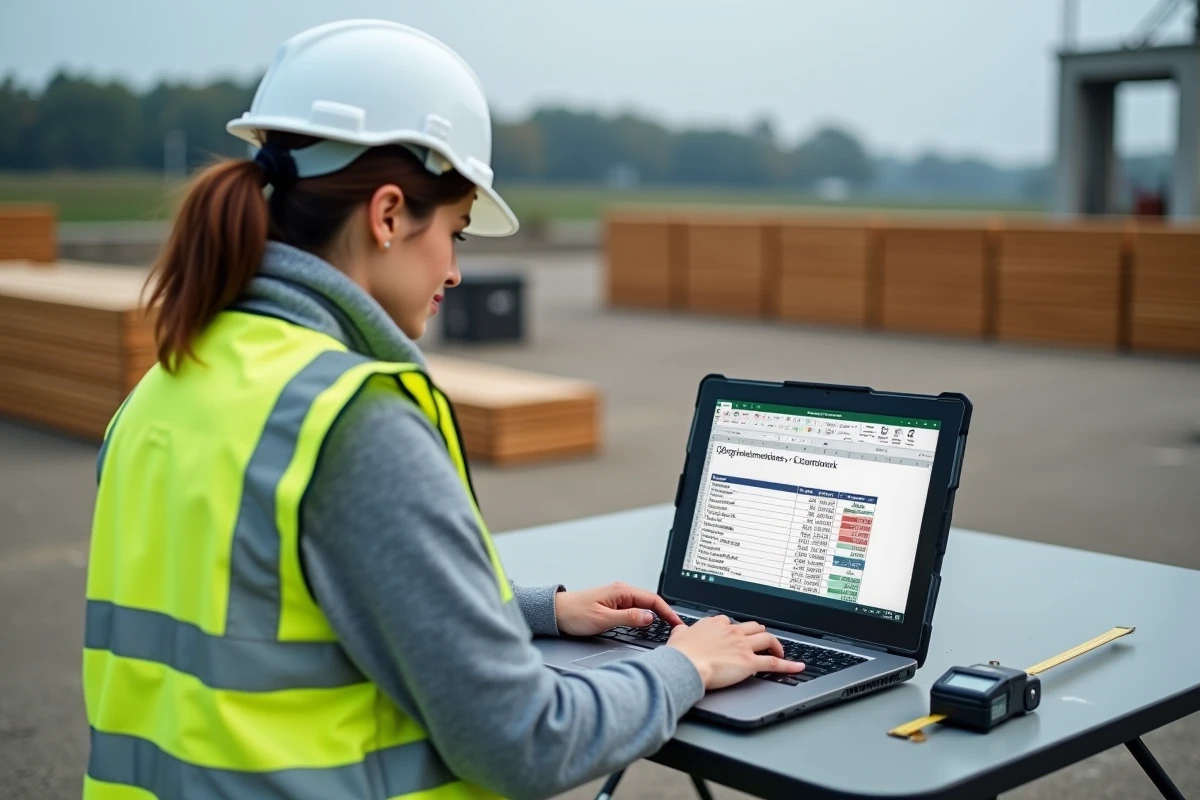 Métreur sur chantier calculant un devis béton prêt à l'emploi sur ordinateur portable avec tableau de volumes en m3