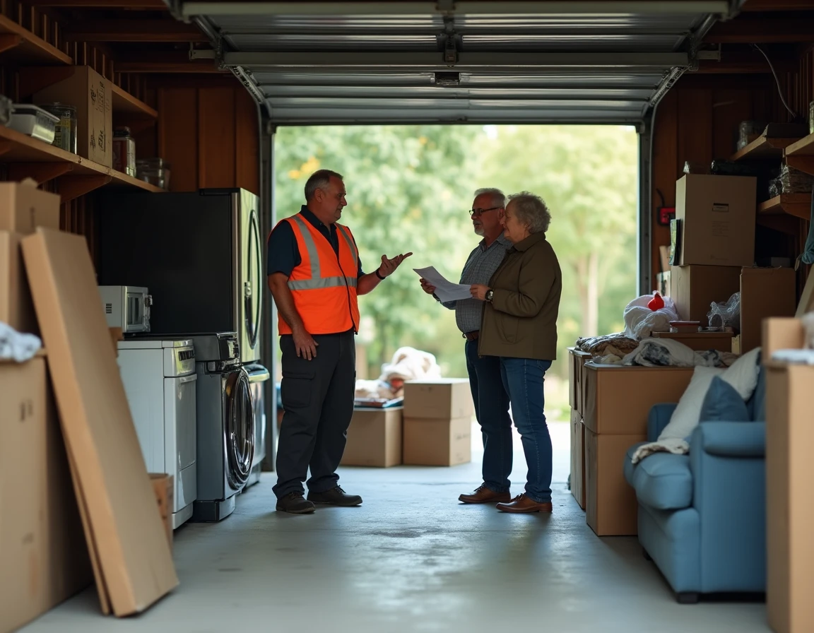 Couple de propriétaires discutant d'un devis de débarras avec un professionnel dans un garage encombré