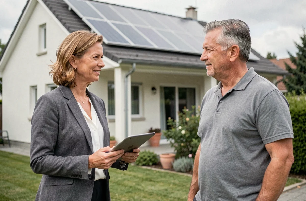 Conseillère en énergie solaire présentant un devis à un propriétaire devant sa maison équipée de panneaux photovoltaïques à Lyon