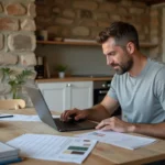 Homme consultant un formulaire de devis en ligne pour une rénovation globale dans une cuisine en cours de travaux