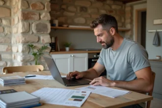 Homme consultant un formulaire de devis en ligne pour une rénovation globale dans une cuisine en cours de travaux