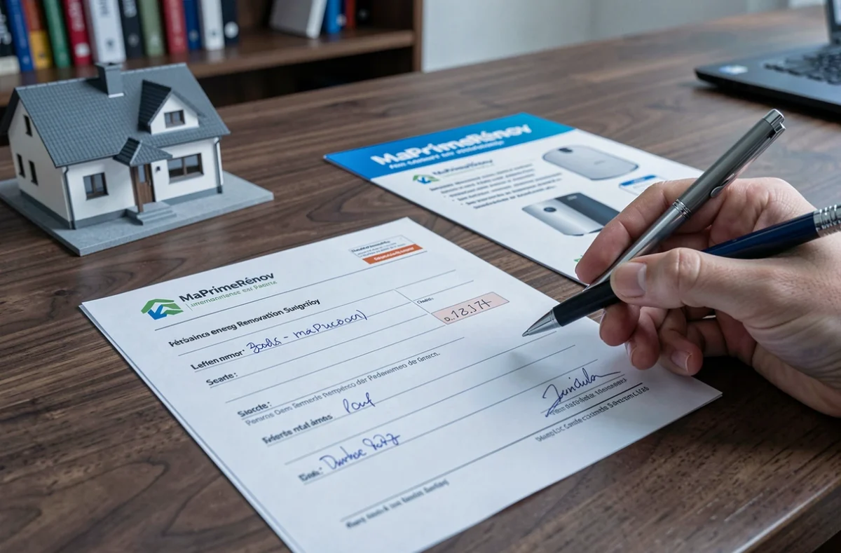 Documents officiels MaPrimeRénov et chèque de subvention pour une pompe à chaleur air-air posés sur un bureau