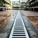 Canal d'évacuation des eaux avec grille en inox dans un magasin de fleurs au sol en carrelage humide