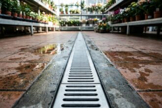 Canal d'évacuation des eaux avec grille en inox dans un magasin de fleurs au sol en carrelage humide