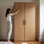 Femme installant un dressing sur mesure sans percer dans un appartement en location avec parquet et murs blancs