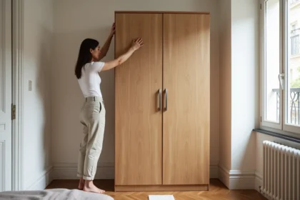Femme installant un dressing sur mesure sans percer dans un appartement en location avec parquet et murs blancs