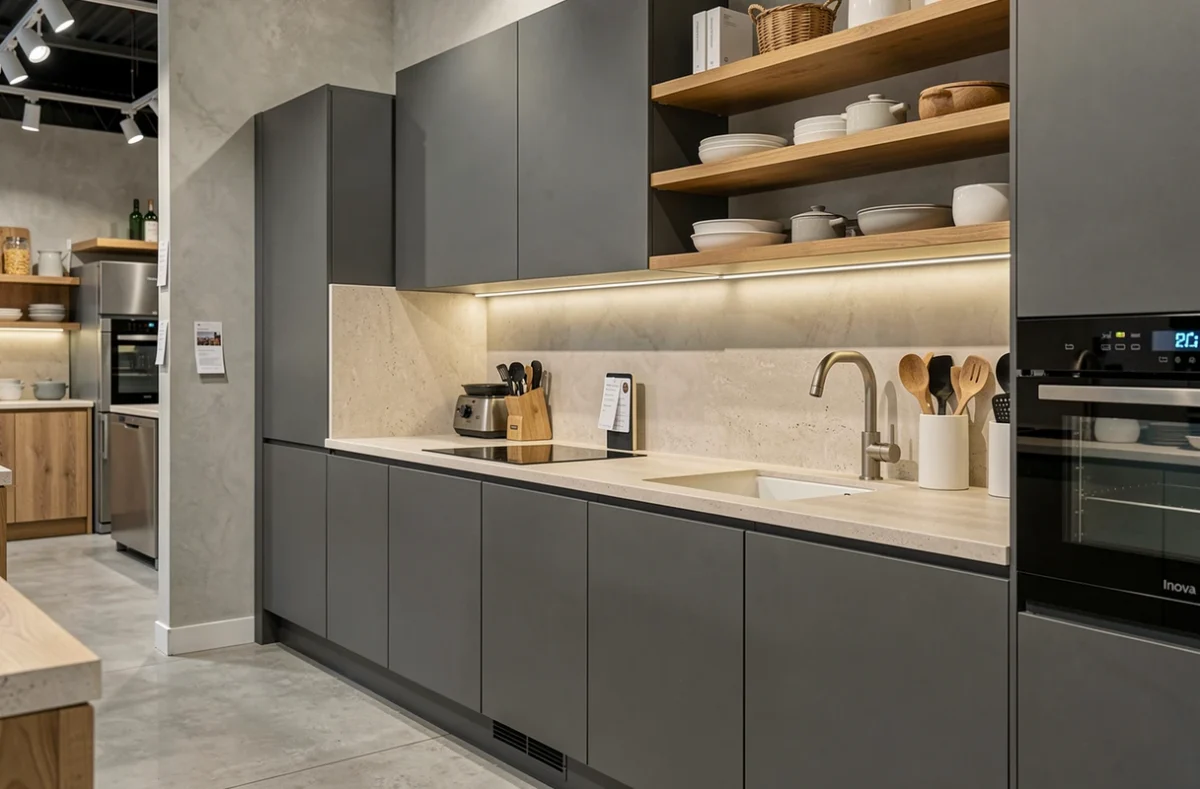 Modèle de cuisine Inova exposé chez E2A Cuisines à Caen avec façades anthracite et plan de travail en pierre