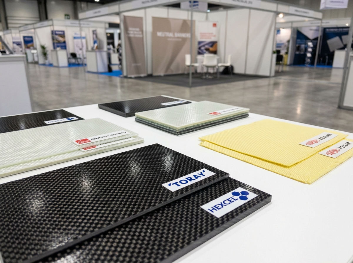 Échantillons de matériaux composites carbone et fibre de verre exposés sur une table lors d'un salon professionnel