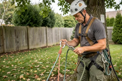 Élagueur inspectant une longe double avec mousquetons avant une intervention en hauteur dans un jardin