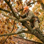 Élagueur professionnel perché dans un grand chêne utilisant une scie manuelle pour élaguer des branches difficiles d'accès